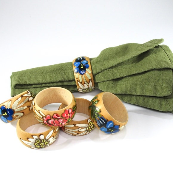 Wood Floral Napkin Rings, Set Six Stacking, Stand - Picture 3 of 8